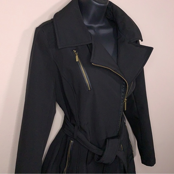 Small Avanti Black Belted Jacket Gold Zippers Faux Leather Trim Collar Lined - Picture 9 of 14